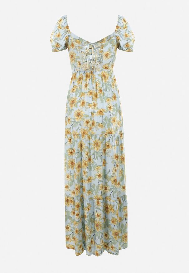 Born2be - Jasnoniebieska Sukienka Bloch. Typ kołnierza: dekolt gorset. Kolor: niebieski. Materiał: tkanina. Wzór: kwiaty. Sezon: wiosna, lato. Typ sukienki: rozkloszowane, gorsetowe. Styl: boho. Długość: maxi