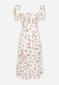 Born2be - Biała Rozkloszowana Sukienka z Wiązaniem w Wisienki Halilitia. Okazja: na co dzień. Kolor: biały. Wzór: kwiaty. Typ sukienki: rozkloszowane, proste. Styl: casual, klasyczny #4