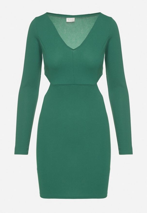 Born2be - Zielona Sukienka o Dopasowanym Kroju z Wycięciami w Talii Halassia. Okazja: na randkę, na co dzień. Typ kołnierza: dekolt w serek. Kolor: zielony. Długość rękawa: długi rękaw. Typ sukienki: dopasowane, proste. Styl: casual, elegancki