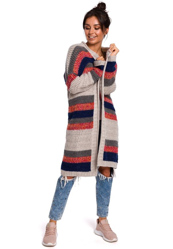 BE Knit - Kolorowy długi sweter kardigan narzutka z modnym splotem. Materiał: materiał, akryl. Długość rękawa: długi rękaw. Długość: długie. Wzór: ze splotem, kolorowy
