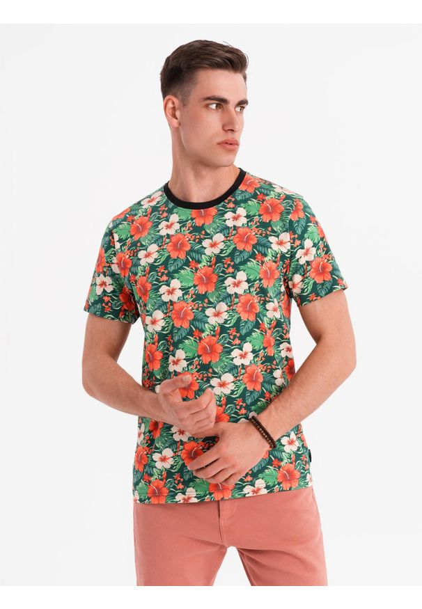 Ombre Clothing - Męski t-shirt bawełniany w kwiatowy wzór full print – czarny V2 OM-TSFP-0249 - XXL. Okazja: na co dzień, na spacer. Kolor: czarny. Materiał: bawełna. Długość rękawa: krótki rękaw. Długość: krótkie. Wzór: kwiaty, nadruk. Sezon: lato. Styl: wakacyjny, elegancki, casual