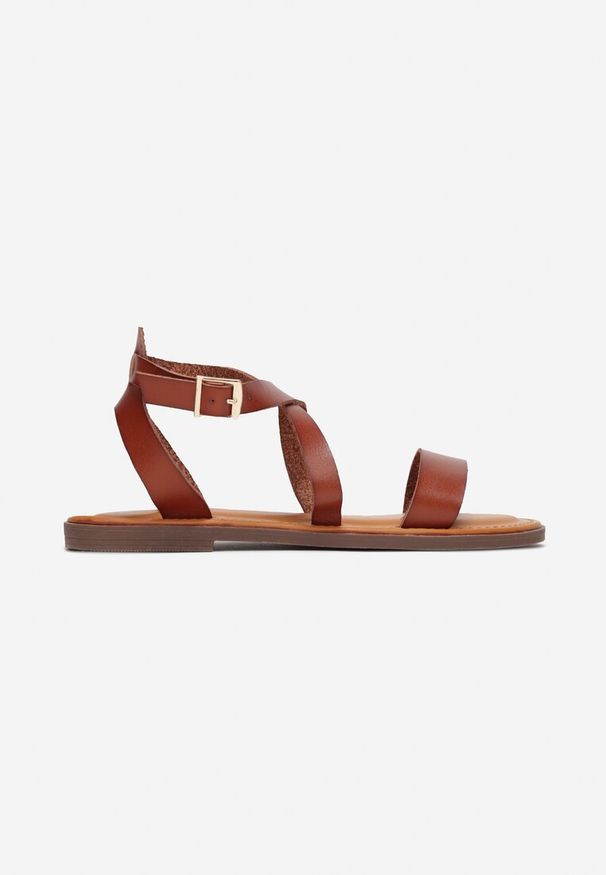 Renee - Brązowe Sandały Aelanthei. Nosek buta: otwarty. Zapięcie: pasek. Kolor: brązowy. Materiał: jeans. Wzór: paski, gładki, kwiaty. Sezon: lato. Obcas: na płaskiej podeszwie