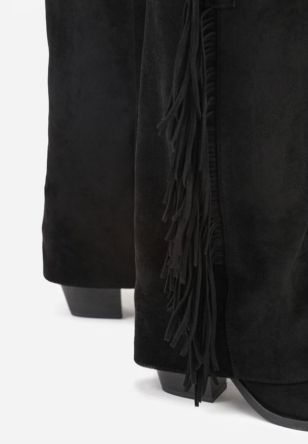 Renee - Czarne Kozaki Kowbojki na Stożku z Cholewką Imitującą Nogawkę z Frędzlami Monettea. Kolor: czarny. Materiał: jeans. Szerokość cholewki: normalna. Obcas: na stożku