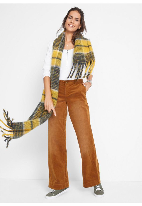 bonprix - Spodnie sztruksowe ze stretchem, wide leg. Kolor: brązowy. Materiał: sztruks
