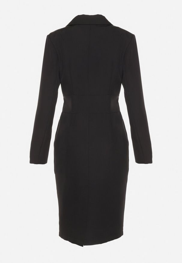 Born2be - Czarna Kopertowa Sukienka z Paskiem Usztywnionymi Ramionami i Rozcięciem z Tyłu Werige. Okazja: na co dzień. Typ kołnierza: dekolt w kształcie V. Kolor: czarny. Materiał: skóra. Typ sukienki: kopertowe. Styl: casual