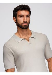 Ombre Clothing - Koszulka męska polo bez guzików z otwartym kołnierzykiem – jasnoszara V3 - Rozmiar: M. Typ kołnierza: polo. Kolor: szary. Materiał: wiskoza, prążkowany, dzianina, elastan, nylon. Styl: klasyczny, elegancki #4