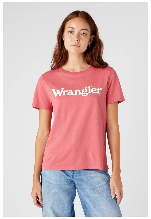 Wrangler - WRANGLER REGULAR TEE DAMSKI T-SHIRT KOSZULKA LOGO NADRUK HOLLY BERRY W7N4GHXGH. Wzór: nadruk