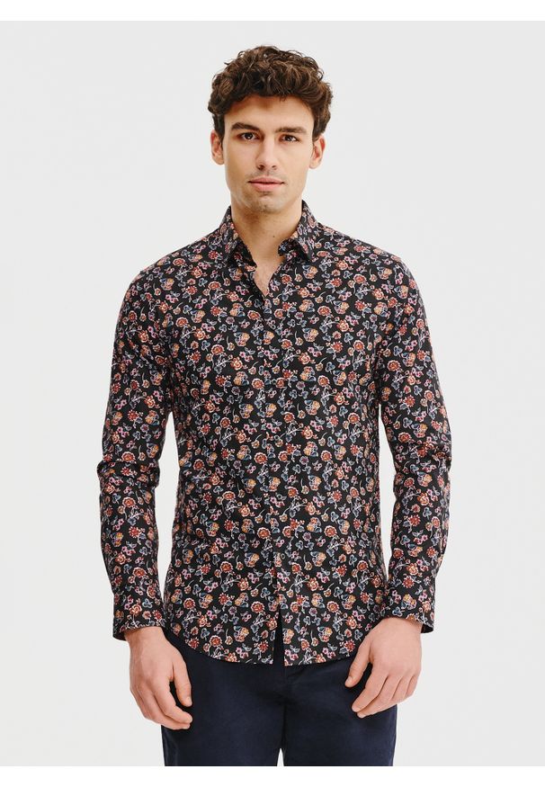 Pako Lorente - PAKO LORENTE – Czarna koszula męska w kwiaty. Kolor: czarny. Materiał: bawełna, elastan. Długość rękawa: długi rękaw. Długość: długie. Wzór: kwiaty