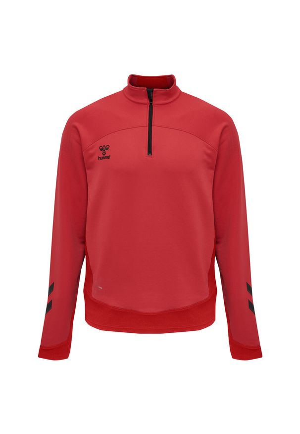 Dziecięca bluza dresowa z półzamkiem Hummel Lead. Kolor: czerwony, wielokolorowy, różowy. Materiał: dresówka. Wzór: jodełka, nadruk. Sport: piłka nożna