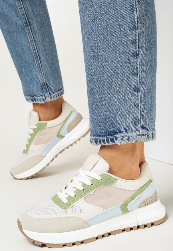 Born2be - Zielono-Beżowe Sneakersy na Grubej Podeszwie z Wstawkami Mikel. Wysokość cholewki: przed kostkę. Kolor: szary, beżowy. Materiał: materiał. Szerokość cholewki: normalna