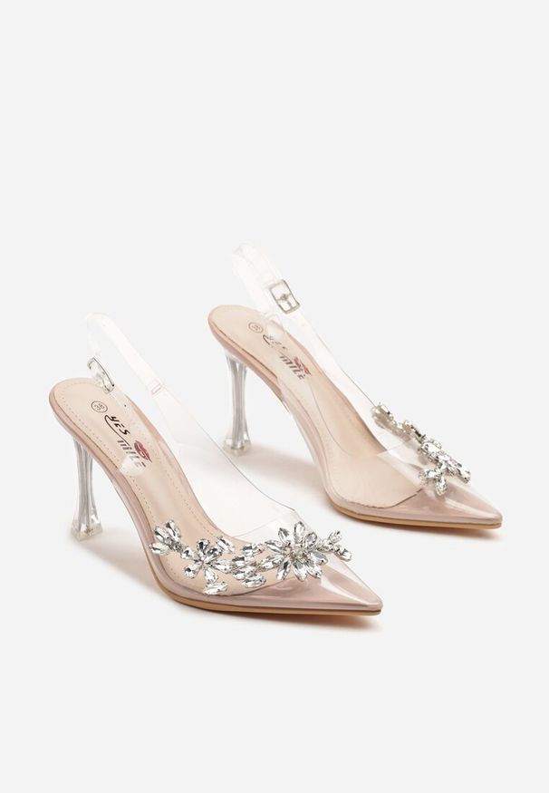 Renee - Beżowe Transparentne Sandały Szpilki Slingback Ozdobione Cyrkoniami Avelsemi. Okazja: na co dzień, na imprezę. Zapięcie: sprzączka. Kolor: beżowy. Materiał: jeans. Wzór: aplikacja. Obcas: na szpilce. Styl: elegancki, casual