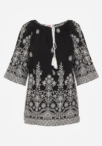 Born2be - Czarna Bluzka z Wiskozy z Kwiatowym Wzorem Wiązaniem i Frędzlami Hawnalue. Okazja: na co dzień, do pracy, na spacer. Kolor: czarny. Materiał: wiskoza. Wzór: kwiaty. Styl: boho, casual, elegancki #5