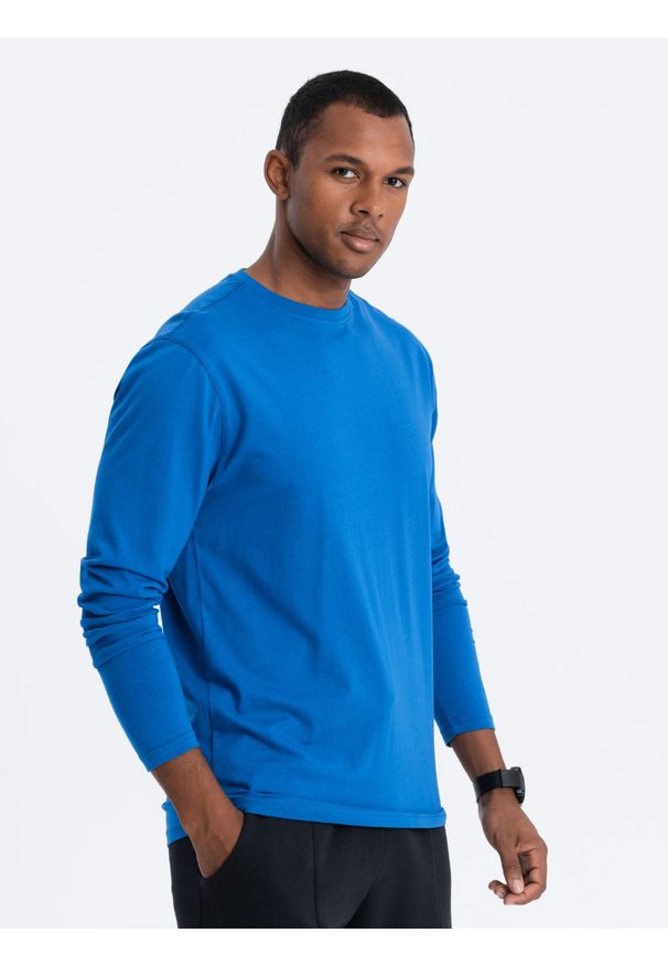 Ombre Clothing - Męski longsleeve BASIC z okrągłym dekoltem - niebieski V9 - Rozmiar: S. Kolor: niebieski. Materiał: materiał, bawełna. Długość rękawa: długi rękaw. Wzór: gładki, jednolity. Styl: klasyczny