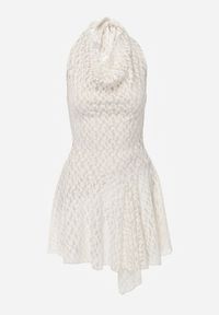 Renee - Biała Koronkowa Sukienka o Rozkloszowanym Kroju z Wiązanym Dekoltem Halter Bervine. Okazja: na randkę, na imprezę. Typ kołnierza: dekolt halter. Kolor: biały. Materiał: koronka #3