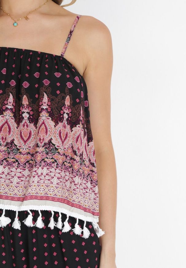 Born2be - Czarno-Różowy Kombinezon Magnanimous. Kolor: czarny. Materiał: tkanina, skóra. Długość rękawa: na ramiączkach. Długość: długie. Wzór: ażurowy. Sezon: lato. Styl: boho