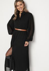 Born2be - Czarna Plisowana Sukienka o Koszulowym Kroju z Dodatkowym Paskiem Mialessa. Okazja: na co dzień. Kolor: czarny. Materiał: materiał. Typ sukienki: koszulowe. Styl: klasyczny, casual, elegancki #7