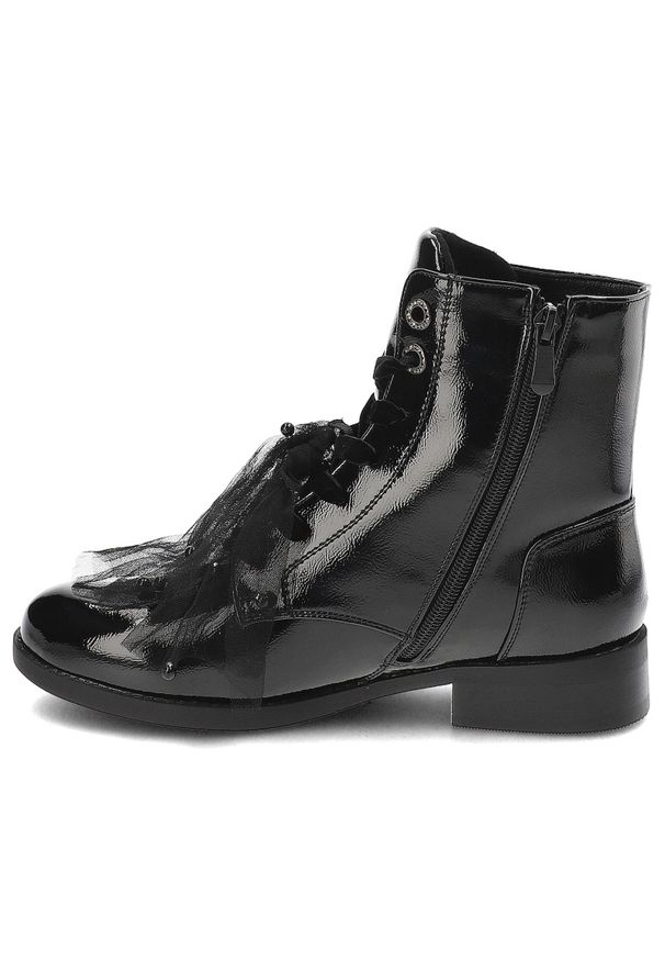 Czarne Botki S.Barski Ocieplane Eleganckie Obuwie Damskie. Okazja: na co dzień. Zapięcie: sznurówki. Kolor: czarny. Materiał: materiał, tiul, lakier. Styl: elegancki