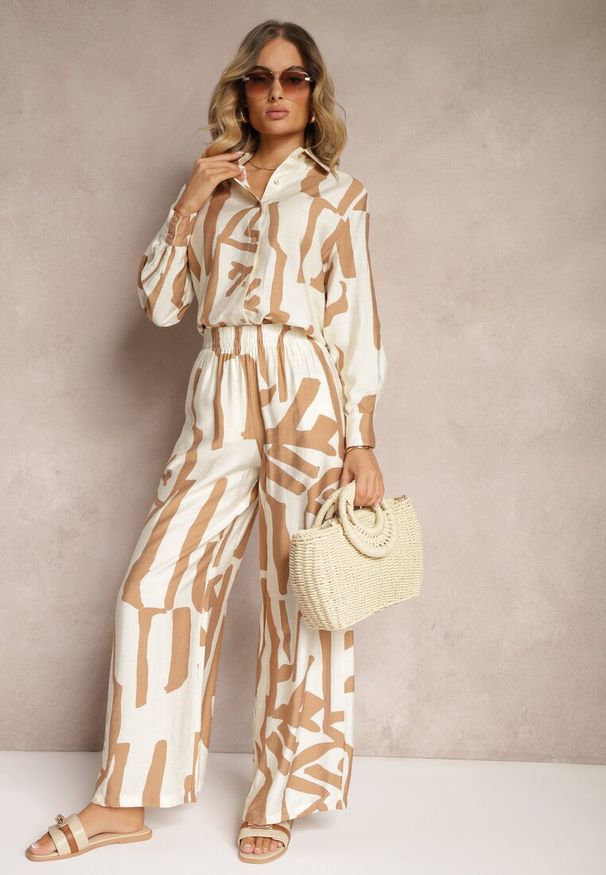 Renee - Beżowy Wiskozowy Komplet 2-Częściowy Luźna Koszula Spodnie z Gumką i Szerokimi Nogawkami Melvima. Kolor: beżowy. Materiał: wiskoza