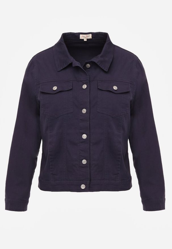 Renee - Granatowa Jeansowa Kurtka z Bawełny Perilopei. Okazja: na co dzień. Kolekcja: plus size. Kolor: niebieski. Materiał: jeans, bawełna. Styl: casual