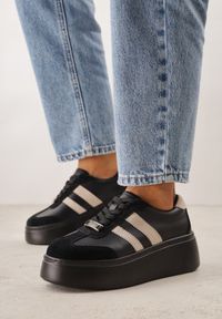 Born2be - Czarno-Beżowe Skórzane Sneakersy na Grubej Podeszwie z Geometrycznym Wzorem Rivimi. Okazja: na co dzień. Kolor: czarny. Materiał: skóra. Wzór: geometria #2