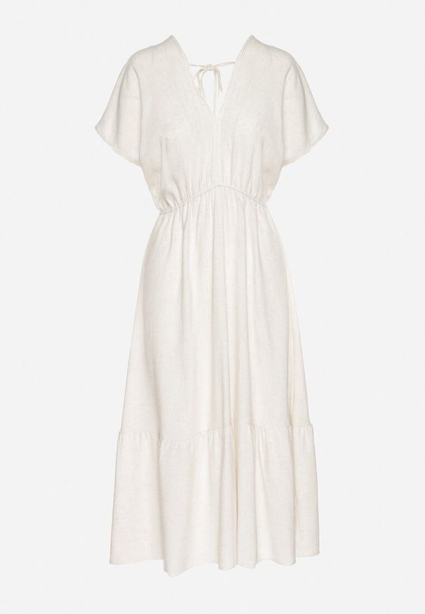 Born2be - Jasnobeżowa Sukienka z Lnem i Wiskozą Ozdobiona Wiązaniem Elliova. Okazja: na co dzień. Kolor: beżowy. Materiał: len, wiskoza. Wzór: aplikacja. Typ sukienki: rozkloszowane. Styl: casual