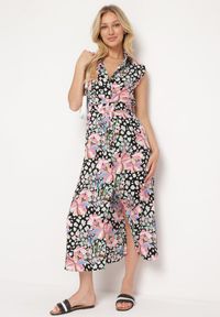 Born2be - Czarno-Różowa Sukienka Koszulowa w Kwiaty Zapinana na Guziki z Materiałowym Paskiem Himpia. Okazja: na spotkanie biznesowe. Typ kołnierza: kołnierzyk klasyczny. Kolor: czarny. Materiał: materiał. Wzór: kwiaty. Typ sukienki: koszulowe. Styl: biznesowy, klasyczny #5