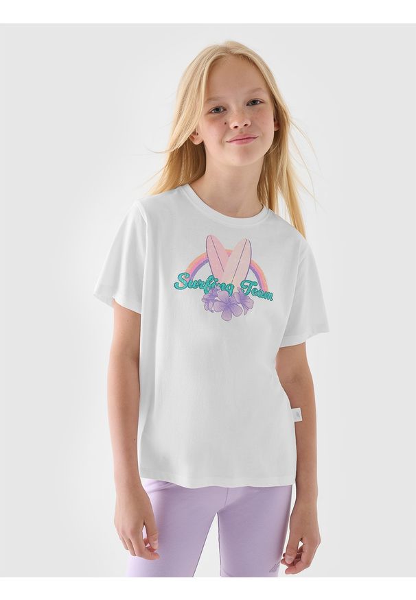 4f - 4F T-shirt regular z nadrukiem dziewczęcy - biały 140 (9-10 lat). Okazja: na co dzień. Kolor: biały. Materiał: dzianina, bawełna, jersey. Długość rękawa: krótki rękaw. Długość: krótkie. Wzór: nadruk. Sezon: lato. Styl: klasyczny, sportowy, casual