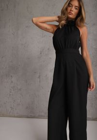 Renee - Czarny Elegancki Kombinezon z Górą Halter Ozdobioną Różą 3D Dephousa. Kolor: czarny. Wzór: aplikacja. Styl: elegancki #4