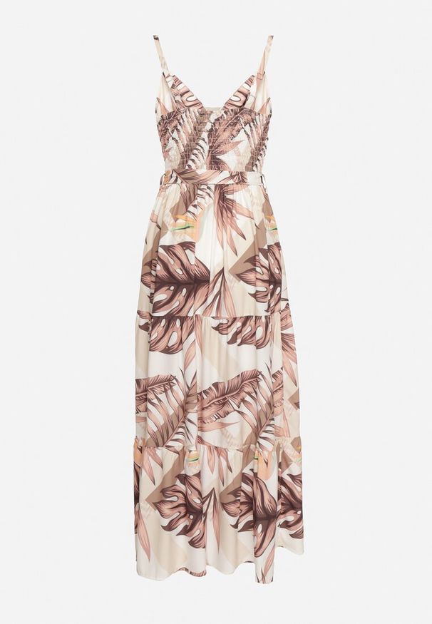 Born2be - Beżowa Sukienka na Ramiączkach z Kopertowym Dekoltem i Motywem Florystycznym Obilena. Okazja: na co dzień. Kolor: beżowy. Materiał: tkanina. Długość rękawa: na ramiączkach. Wzór: kwiaty. Sezon: lato. Typ sukienki: kopertowe. Styl: casual, elegancki