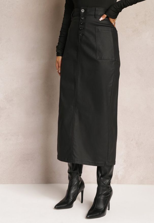 Renee - Czarna Ołówkowa Spódnica Midi High Waist z Ekoskóry Adaulfo. Stan: podwyższony. Kolor: czarny. Sezon: zima
