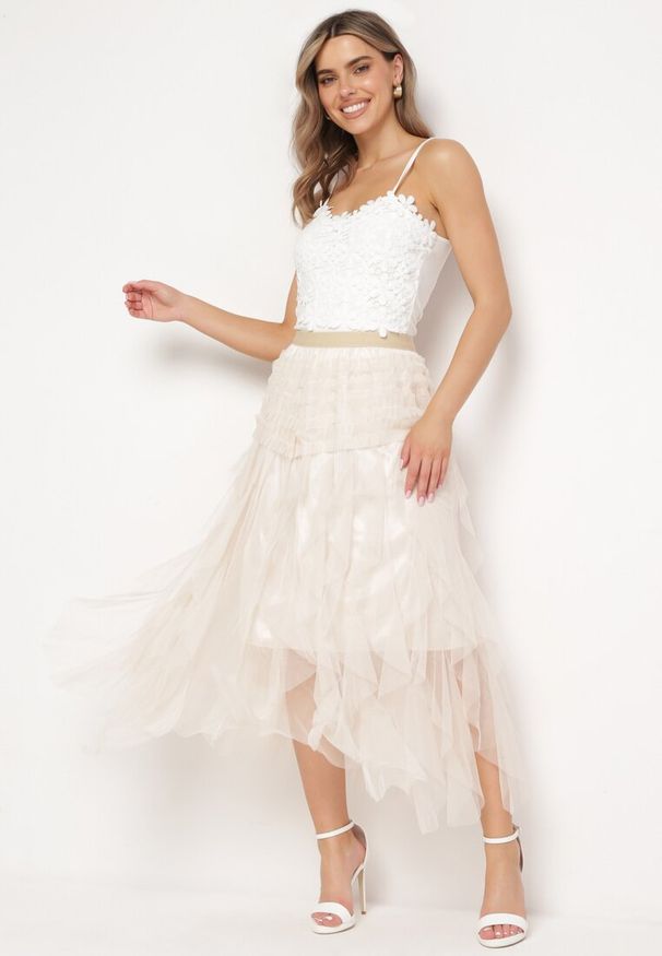 Born2be - Jasnobeżowa Spódnica Tiulowa z Gumką w Pasie Eviune. Kolor: beżowy. Materiał: tiul. Styl: elegancki