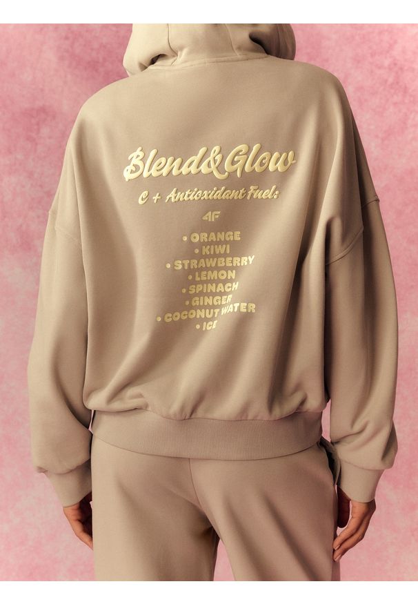4f - 4F Bluza dresowa oversize z kapturem damska - beżowa M. Okazja: na co dzień. Typ kołnierza: kaptur. Kolor: beżowy. Materiał: dresówka. Długość: długie. Styl: sportowy, casual