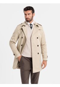 Ombre Clothing - Elegancki męski płaszcz trencz SLIM FIT z paskiem – beżowy V1. Kolor: beżowy. Materiał: tkanina, poliester, materiał. Wzór: gładki. Styl: elegancki #11