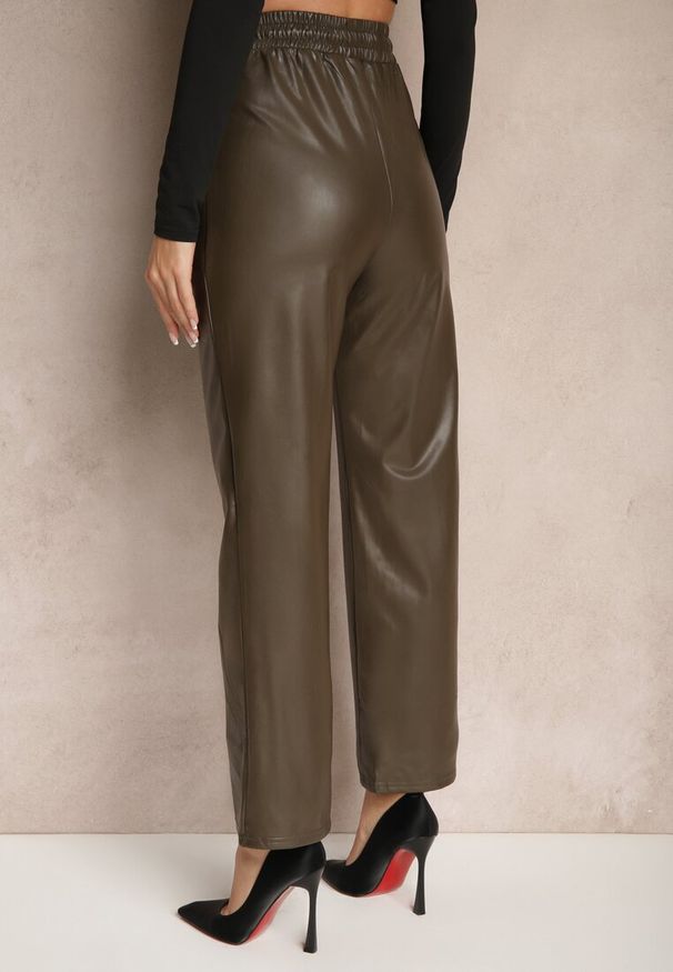 Renee - Brązowe Szerokie Spodnie High Waist z Imitacji Skóry Narlemi. Okazja: na co dzień. Stan: podwyższony. Kolor: brązowy. Materiał: skóra. Styl: elegancki, casual