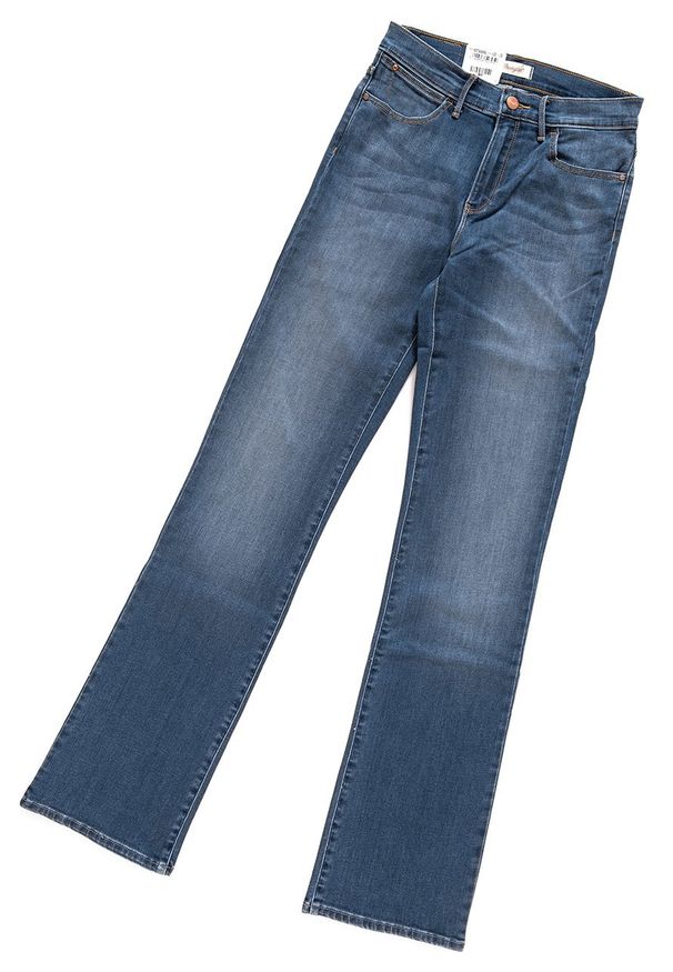 Wrangler - WRANGLER HIGH RISE BOOTCUT MISTY BLUE W27UU486L. Stan: podwyższony. Wzór: aplikacja