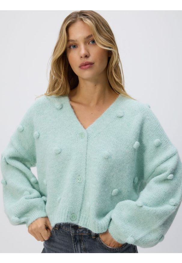 Reserved - Kardigan z aplikacjami - jasnoturkusowy. Kolor: turkusowy. Materiał: dzianina, wełna. Wzór: aplikacja