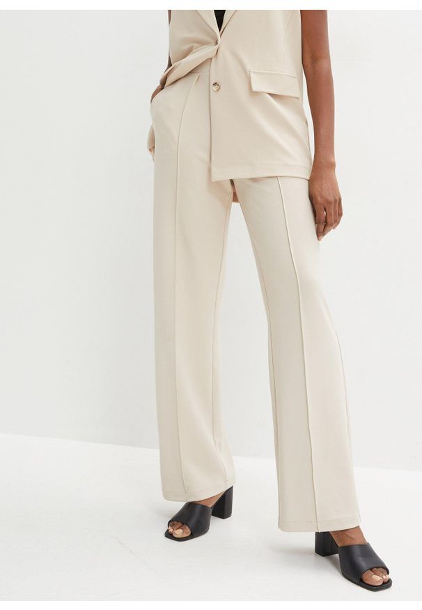 bonprix - Spodnie z elastyczną gumką w talii z grubej dzianiny interlock. Kolor: beżowy. Materiał: dzianina, materiał