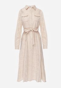 Renee - Beżowa Ażurowa Sukienka z Bawełny Ozdobiona Paskiem Novenelle. Kolor: beżowy. Materiał: bawełna. Wzór: ażurowy, aplikacja. Sezon: wiosna #7