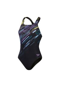 Damski kostium kąpielowy 1-częściowy Speedo Eco+m Dig Print Medalist. Kolor: fioletowy, wielokolorowy, czarny. Wzór: nadruk #1