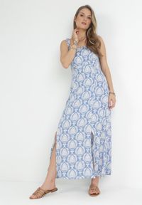 Born2be - Niebieska Sukienka Maxi z Wiskozy na Ramiączkach z Cienkimi Gumkami i Rozcięciem Aviga. Kolor: niebieski. Materiał: wiskoza. Długość rękawa: na ramiączkach. Długość: maxi #2