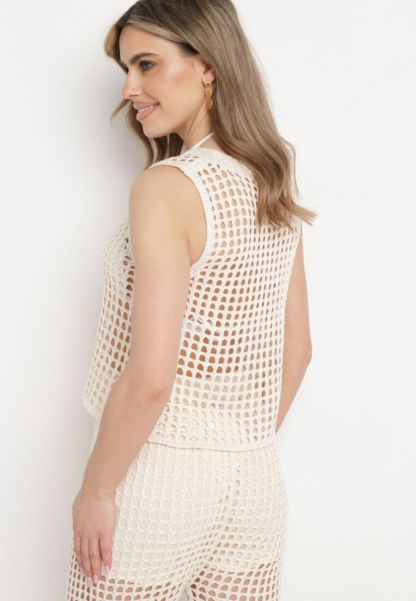 Born2be - Beżowy Ażurowy Top w Stylu Szydełkowym Maloetti. Kolor: beżowy. Materiał: jeans. Wzór: ażurowy. Sezon: lato. Styl: elegancki