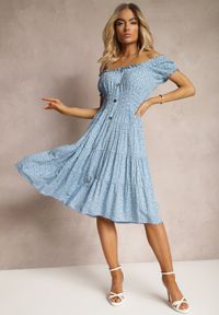Renee - Niebieska Kwiecista Sukienka z Bawełny z Gumkami w Pasie Herata. Kolor: niebieski. Materiał: bawełna. Sezon: wiosna