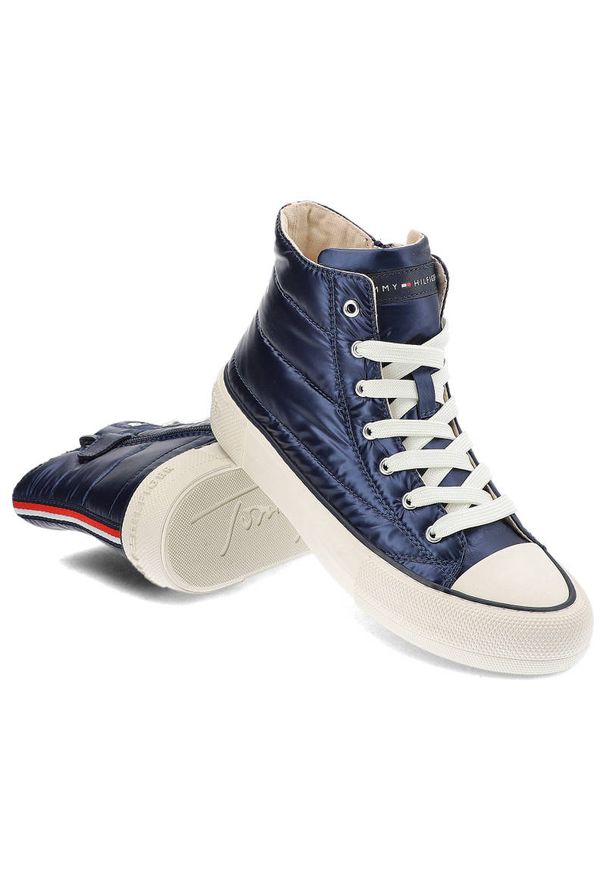 TOMMY HILFIGER - Granatowe Trampki Tommy Hilfiger Modne Pikowane Buty Damskie. Kolor: niebieski. Materiał: materiał, skóra ekologiczna. Szerokość cholewki: normalna. Styl: sportowy