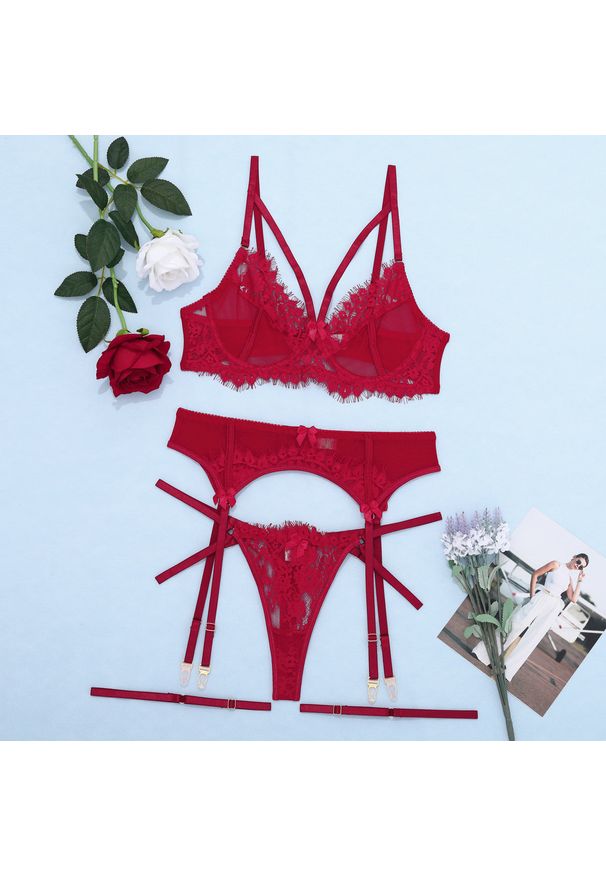 Intica - Koronkowy zestaw bielizny z pasem do pończoch na romantyczne okazje Elie. Kolor: czerwony. Materiał: koronka. Wzór: koronka