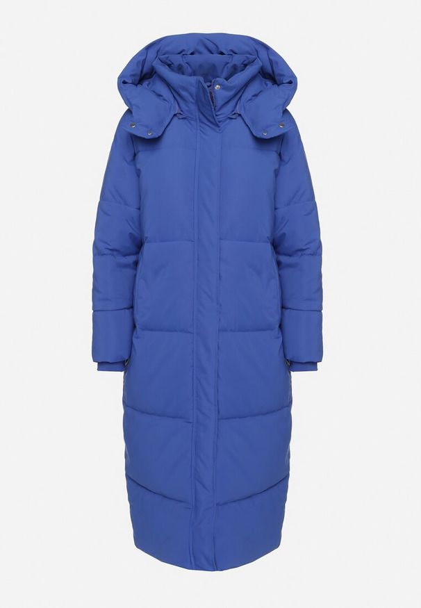 Born2be - Niebieska Pikowana Kurtka o Długim Fasonie z Odpinanym Kapturem Daivera. Okazja: na spacer. Kolor: niebieski. Materiał: dzianina. Długość: długie. Sezon: zima