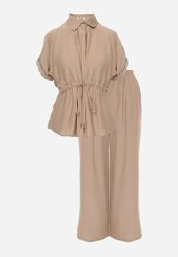 Renee - Beżowy Komplet z Wiskozy Spodnie Wide Leg i Bluzka ze Ściągaczem w Talii Daemnell. Kolor: beżowy. Materiał: wiskoza #6