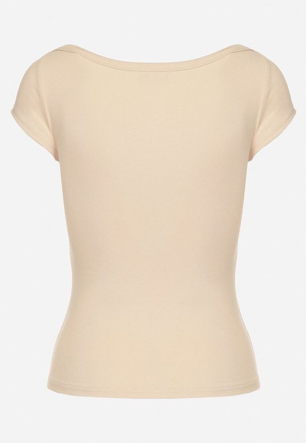 Born2be - Jasnobeżowy T-shirt z Bawełny o Dopasowanym Kroju z Dekoltem w Łódkę Galerissa. Kolor: beżowy. Materiał: bawełna. Styl: elegancki