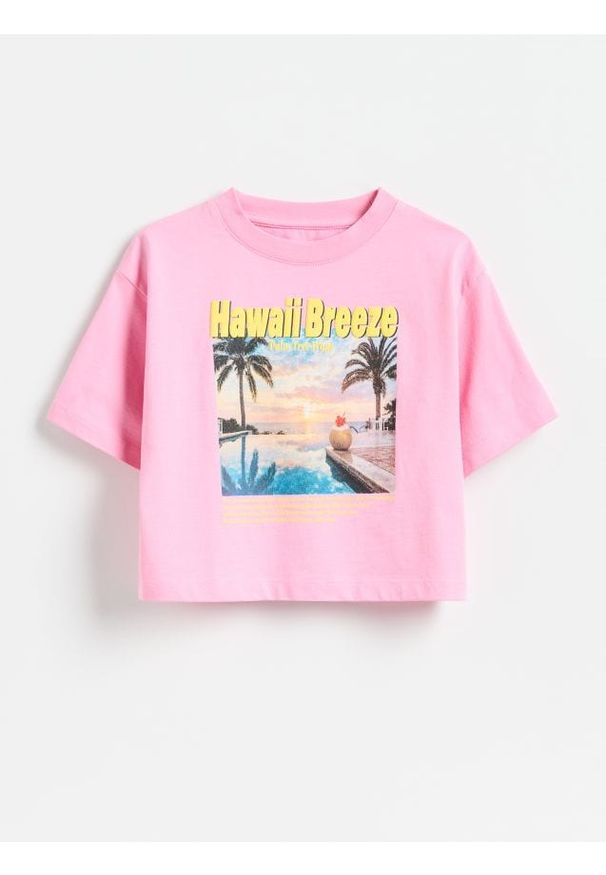 Reserved - Krótki t-shirt z nadrukiem - różowy. Kolor: różowy. Materiał: bawełna. Długość: krótkie. Wzór: nadruk