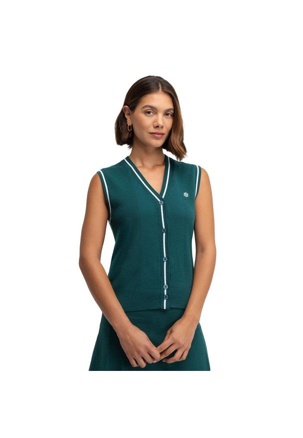 SIROKO - Damska kamizelka golfowa z dzianiny z dekoltem w serek Siroko Zaharias Teal. Typ kołnierza: dekolt w serek. Kolor: zielony. Materiał: dzianina. Sport: golf