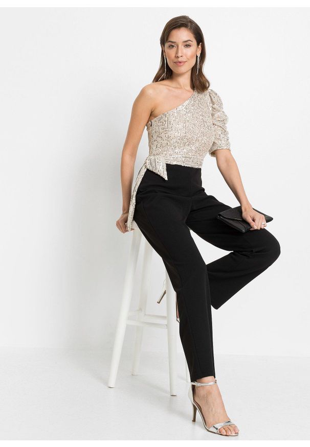 bonprix - Kombinezon z cekinami. Kolor: czarny. Styl: elegancki